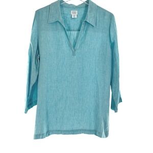 Sigrid Olsen Womens Aqua Blue 100% Linen V-Neck Tunic Top Medium 3/4 Sleeve